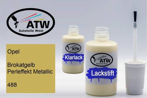 Opel, Brokatgelb Perleffekt Metallic, 488: 20ml Lackstift + 20ml Klarlack - Set, von ATW Autoteile West.